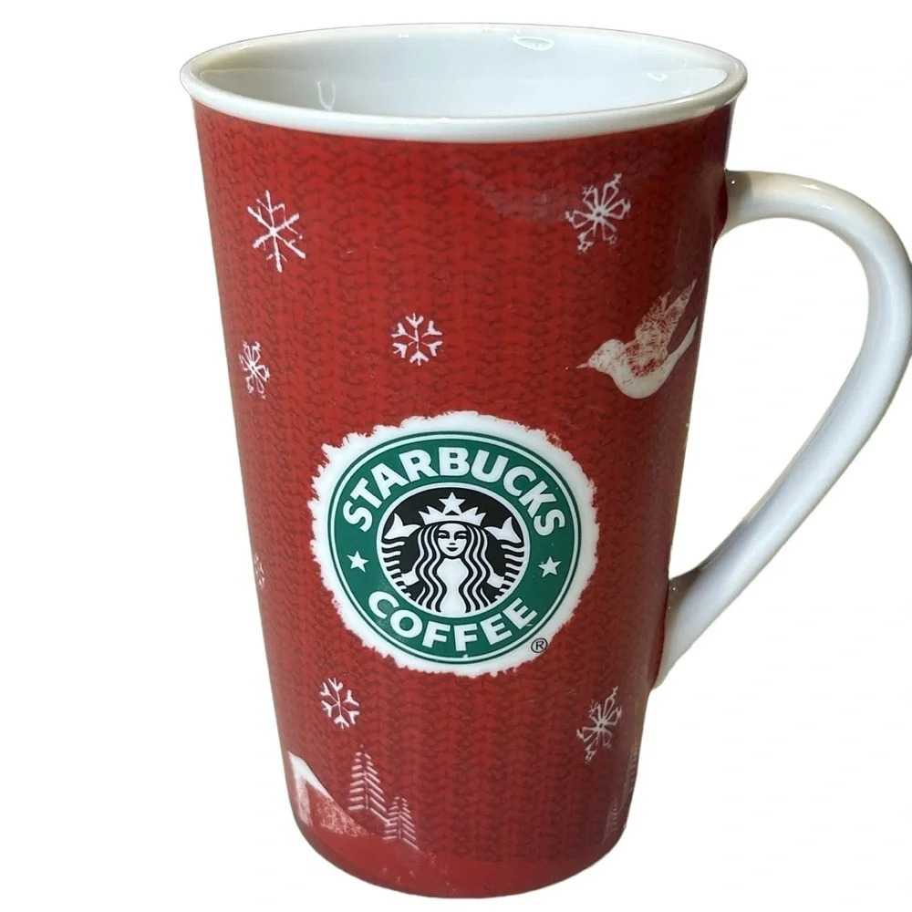Starbucks Coffee Holiday Mug 2008 Red  White Ceramic 16 oz